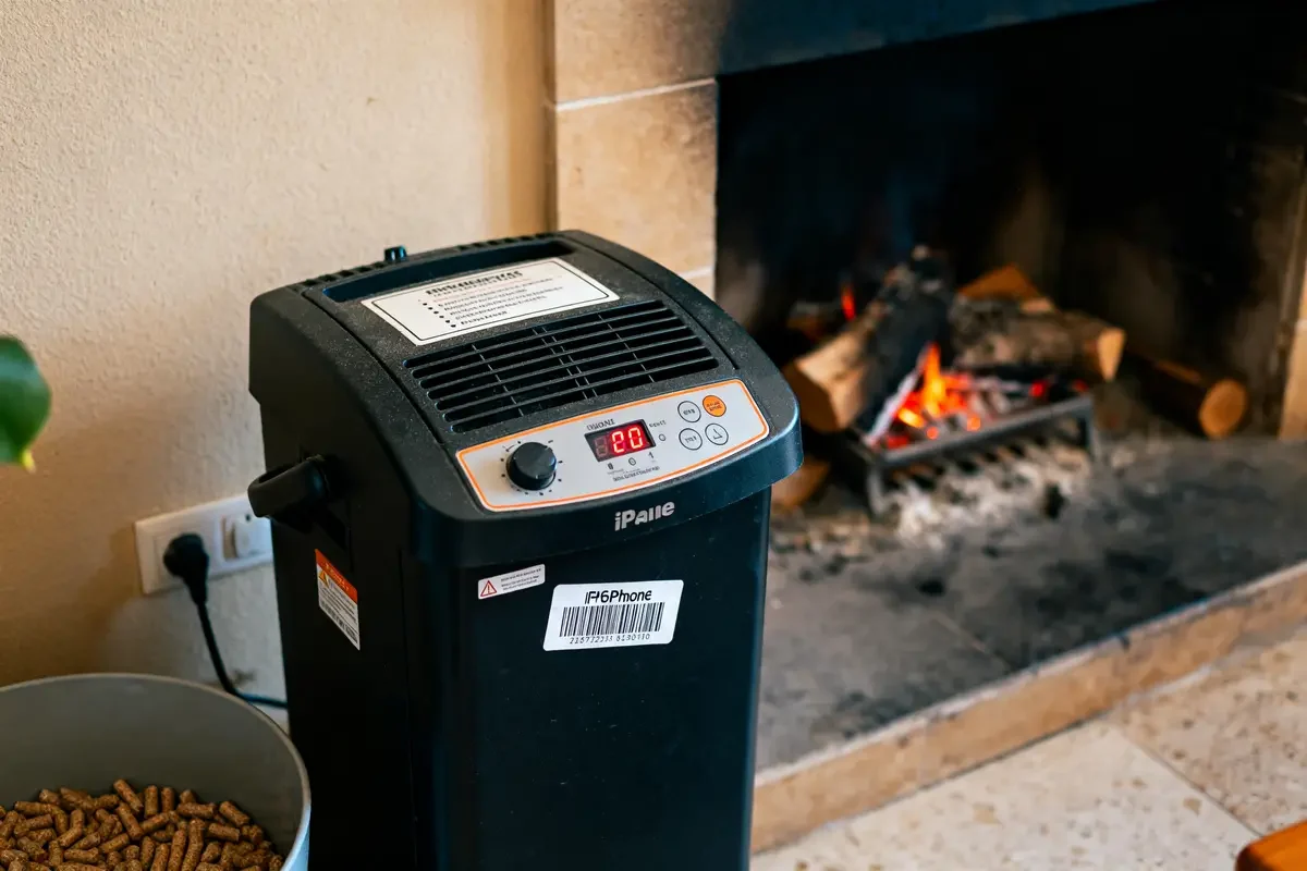 Poêle à granulés affichant un code erreur près d'une cheminée avec feu allumé