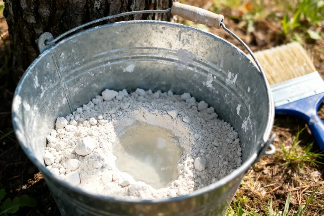 Seau de mélange pour expliquer comment fabriquer de la chaux arboricole avec pinceau et arbre