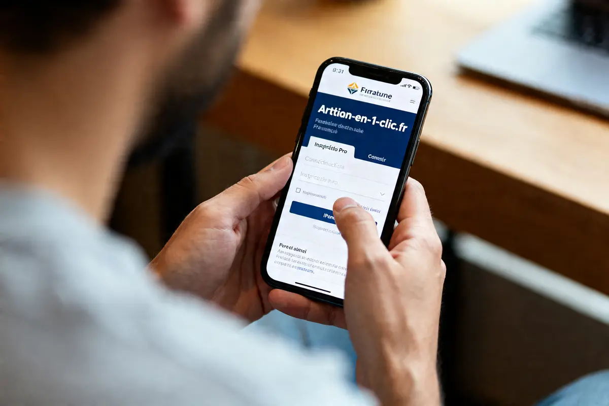 Personne utilisant un smartphone pour connection sur artisan-en-1-clic.fr interface de connexion visible