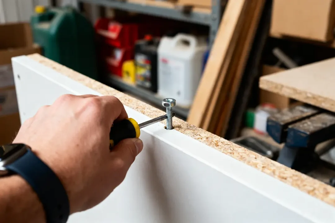 Main dévissant une vis dans une planche avec un tournevis dans un atelier