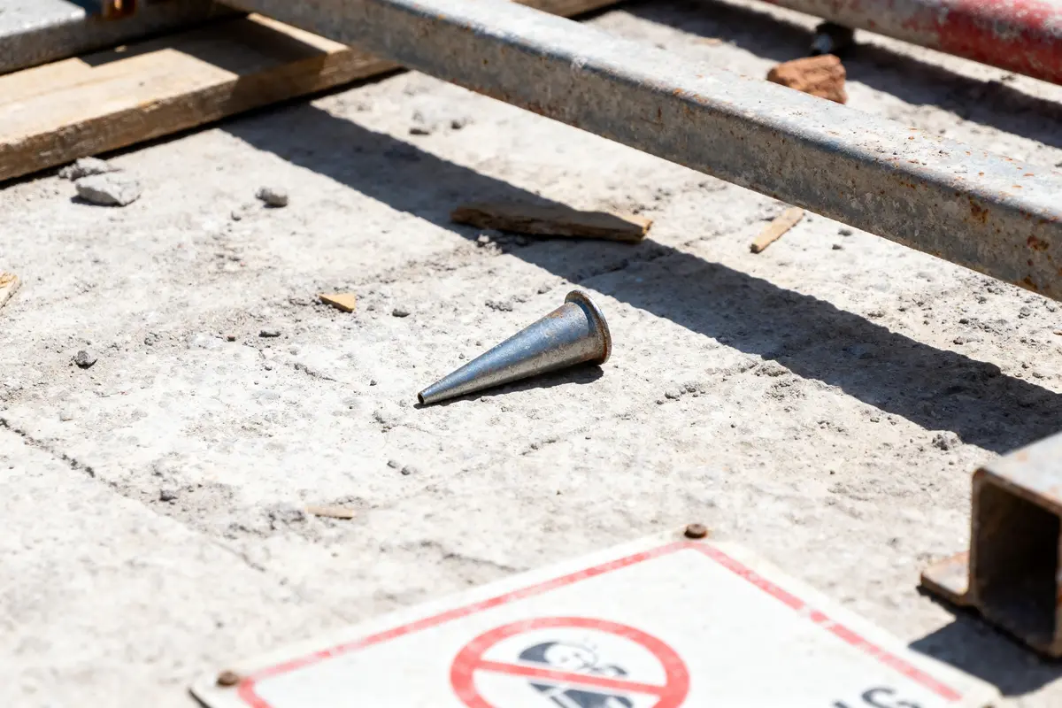 Objet métallique conique sur chantier avec panneau douilles de chantier interdites au sol