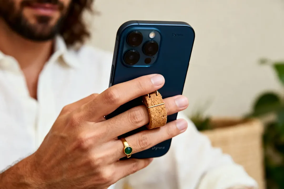 Homme tenant un smartphone Dyrona avec une bague verte et une poignée en liège