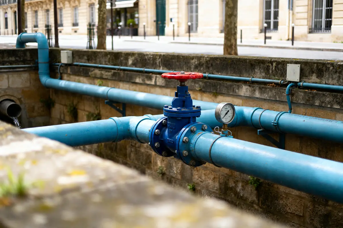 Canalisation d'eau de Bordeaux avec vanne et manomètre en extérieur urbain