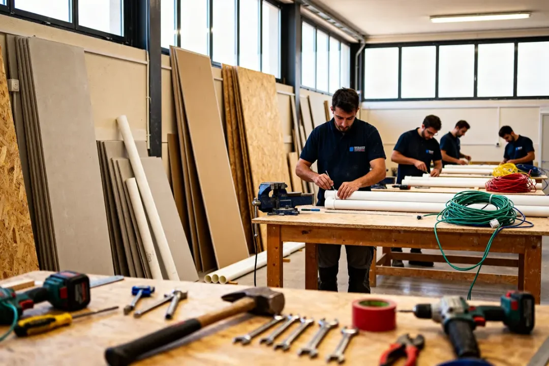 Atelier pratique de formation bricolage institutdubricolage.com avec stagiaires travaillant sur des projets manuels