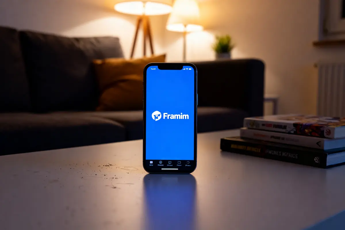 Téléphone avec écran d'accueil Franim sur table basse dans un salon éclairé par une lampe