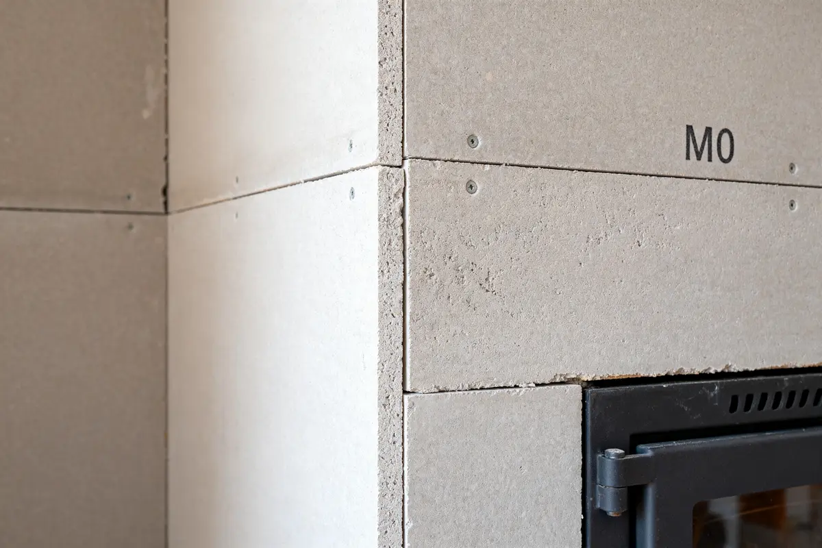 Plaques résistantes M0 pour habillage cheminée autour d'un insert métallique noir