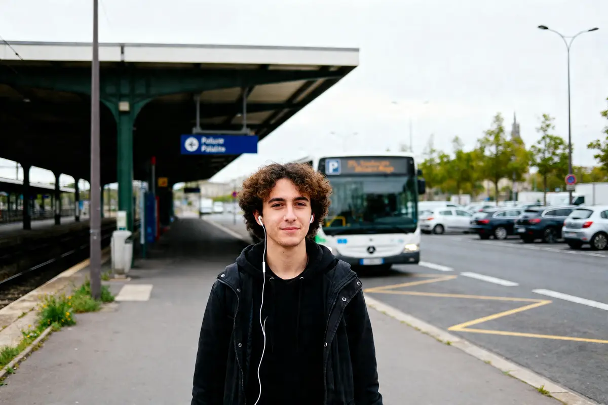Jeune homme souriant à la halte routière de Bordeaux Paludate devant un bus blanc