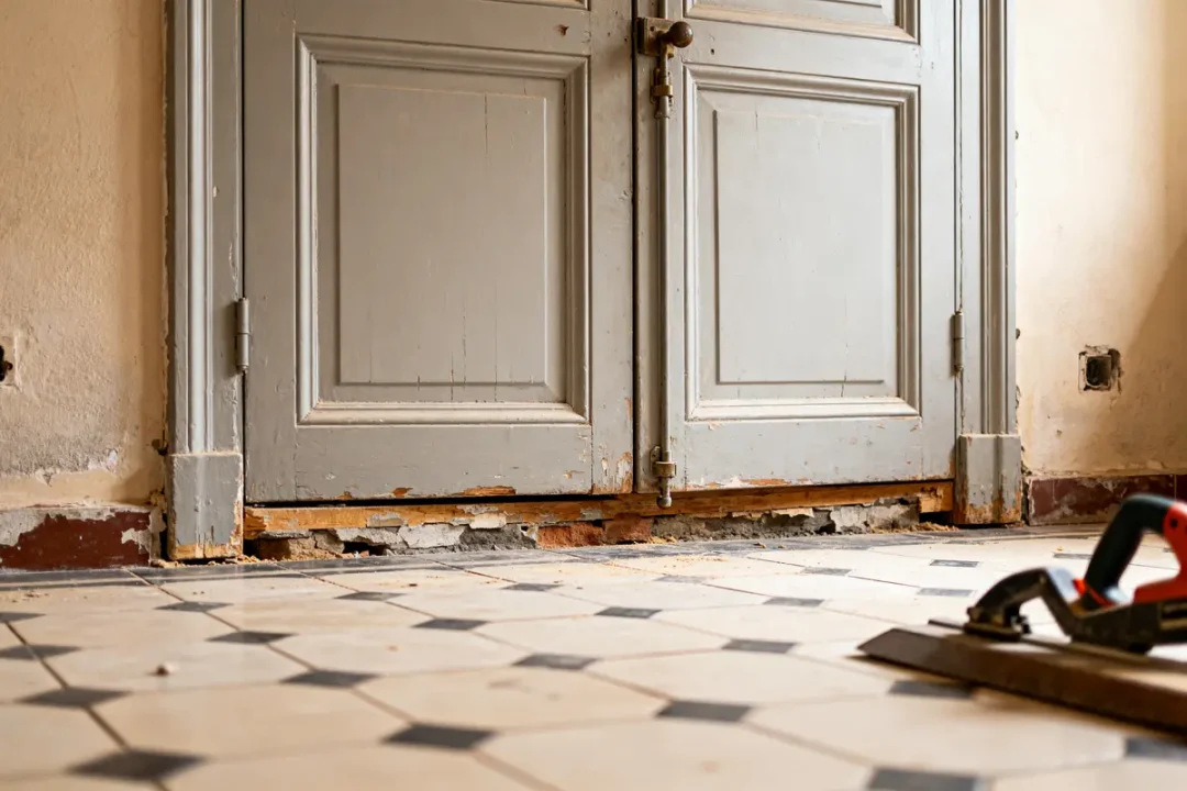 Vieille porte bloquée montrant les inconvénients de poser du carrelage sur du carrelage surélevé