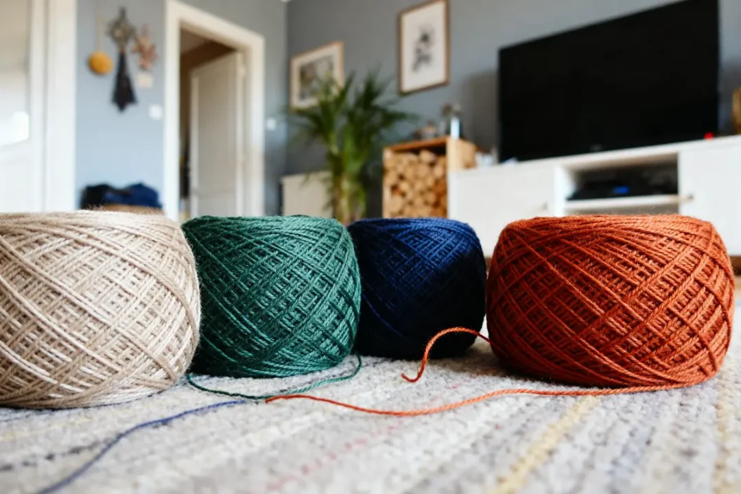 Pelotes colorées sur tapis devant meuble en intisse papier peint intérieur chaleureux