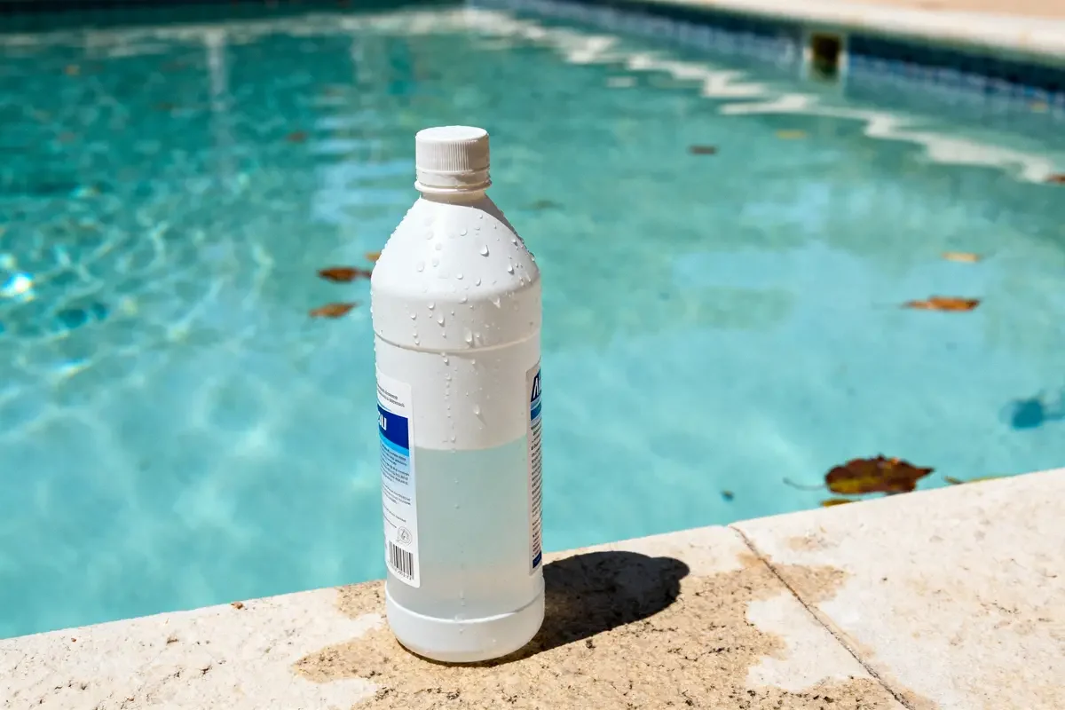 Bouteille de javel piscine sur le bord d'une piscine avec feuilles flottantes