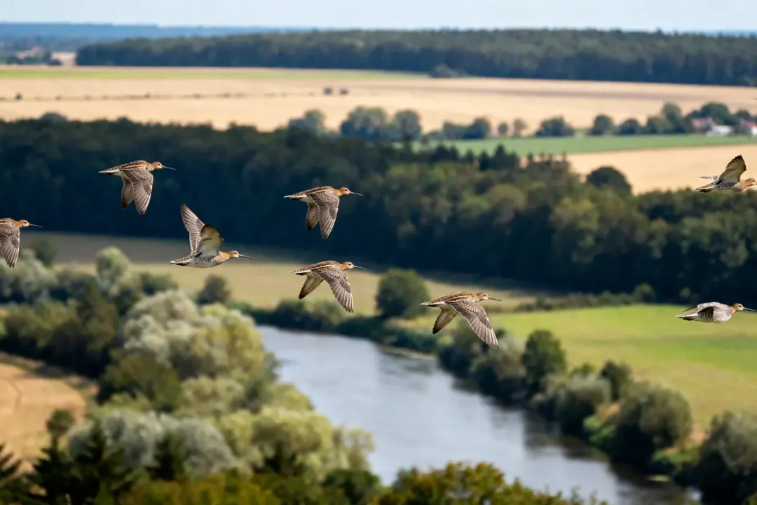 Vol de bécasses sur rivière lors de la migration de bécasse aujourd'hui en campagne verdoyante