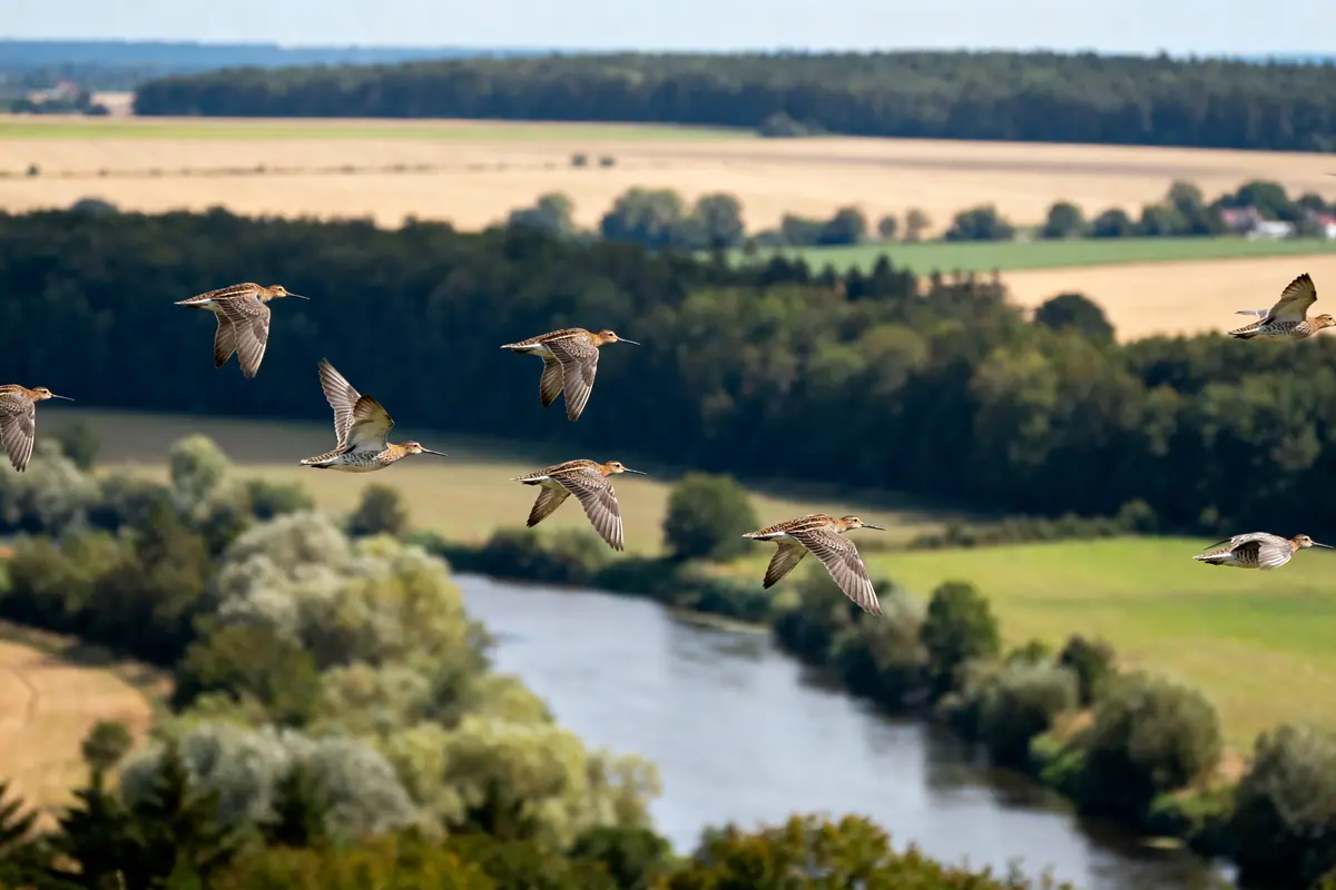 Vol de bécasses sur rivière lors de la migration de bécasse aujourd'hui en campagne verdoyante