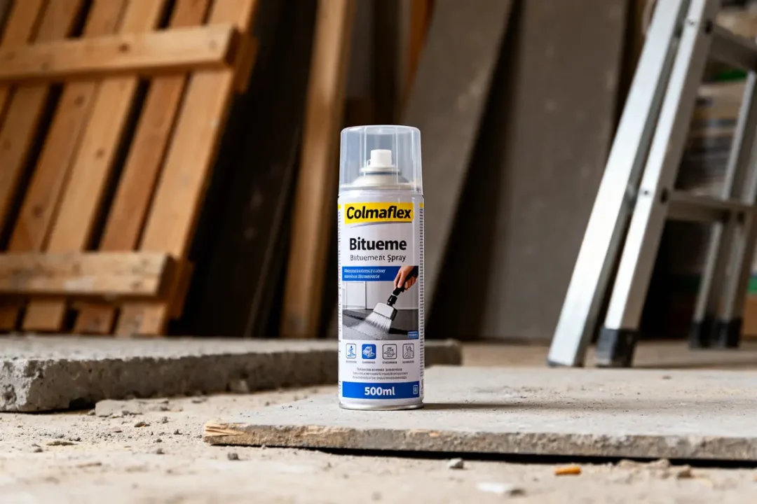 Spray bitumeux 500 ml Colmaflex translucide, mode d'emploi sur planche béton et bois.