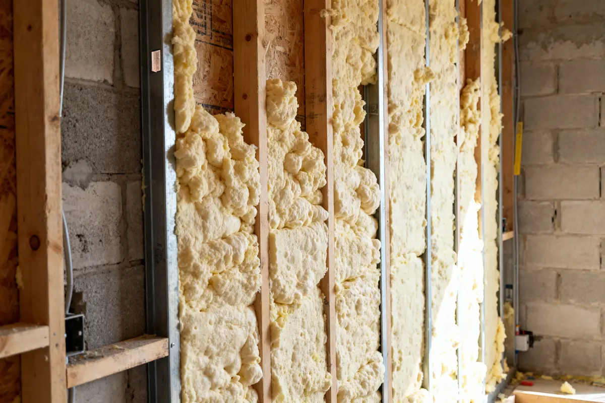 Cloison isolée avec de la mousse polyuréthane projetée sur charpente en bois et métal
