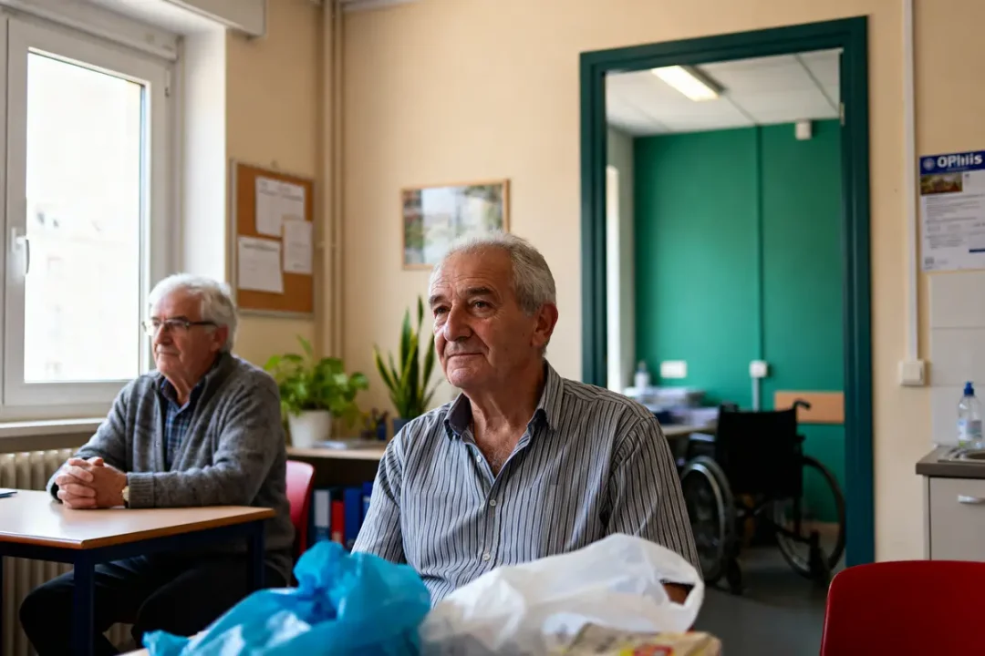 Deux hommes âgés assis dans un bureau à Ophis Clermont Ferrand en journée