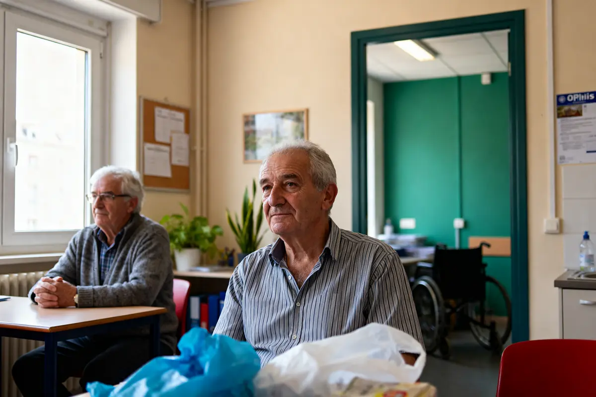 Deux hommes âgés assis dans un bureau à Ophis Clermont Ferrand en journée