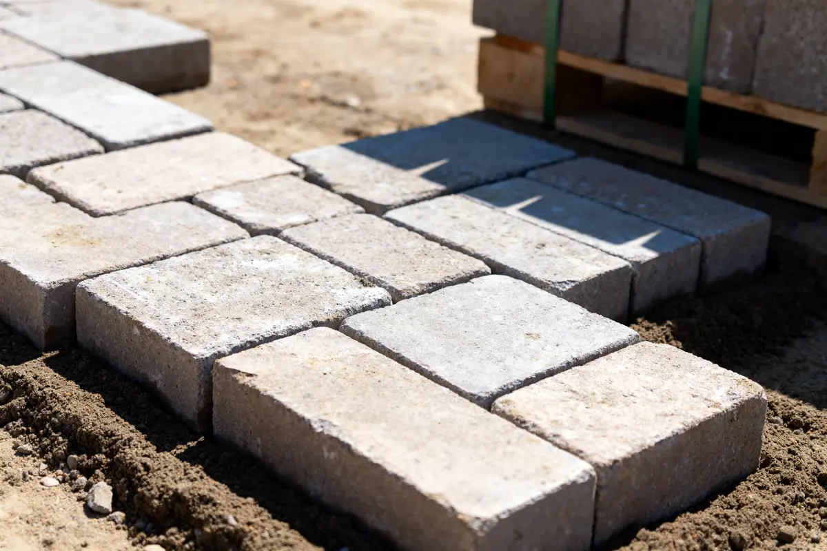 Installation de pavés autobloquants sur chantier avec sol en terre à l’arrière-plan