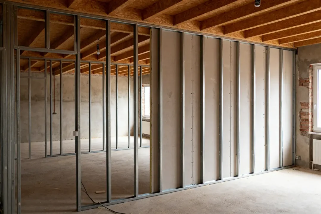 Construction d'une cloison intérieure avec système placostil et ossature métallique dans une pièce rénovée
