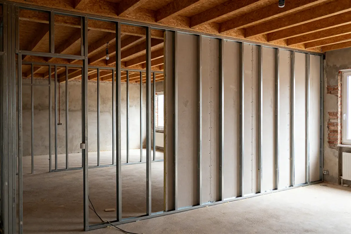 Construction d'une cloison intérieure avec système placostil et ossature métallique dans une pièce rénovée
