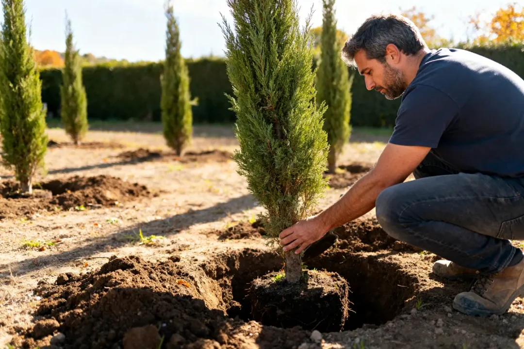 Un homme en train de planter un cyprès de Provence dans un jardin ensoleillé