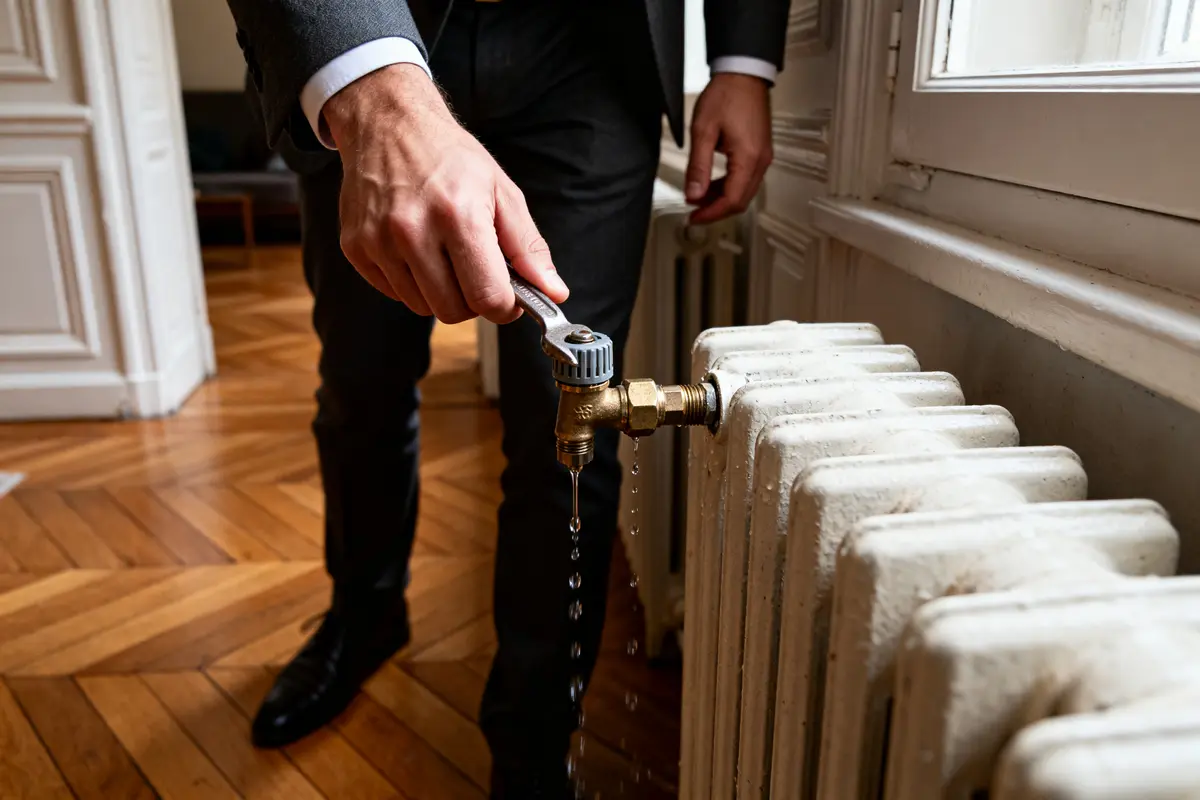 Main purgeant radiateur fonte avec clé, écoulement d'eau, parquet en arrière-plan