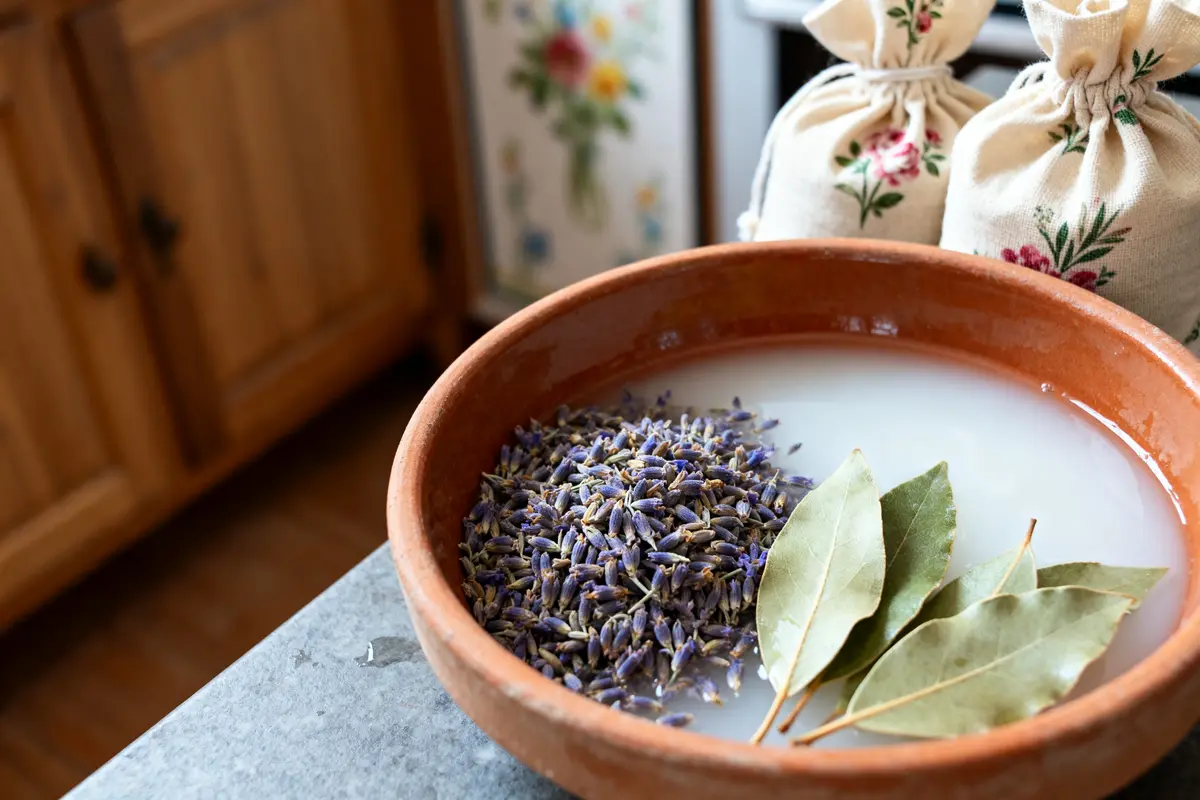Feuilles de laurier et lavande dans assiette illustration recette de grand-mère pour se débarrasser des mites alimentaires