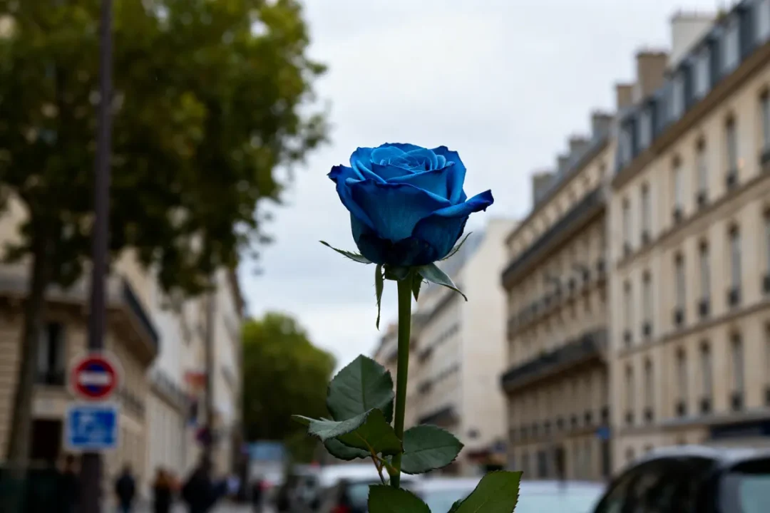 Rose bleue symbolisant mystère et espoir dans une rue parisienne animée