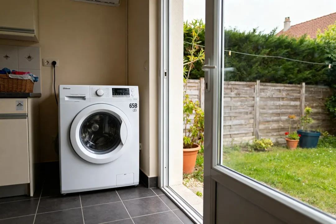 Une buanderie avec fenêtre, sèche-linge pompe à chaleur inconvénient et jardin extérieur visible