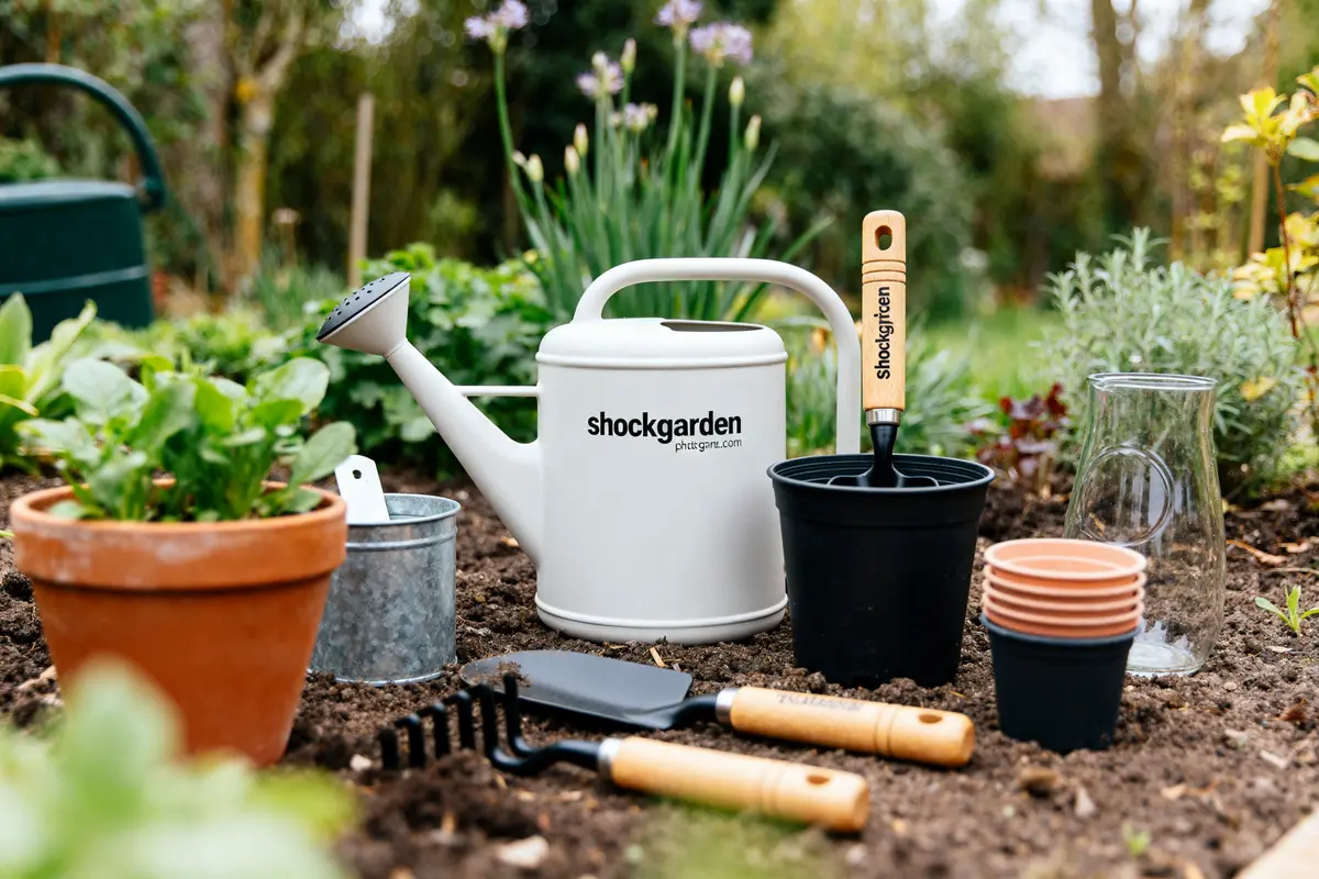 Arrosoir et outils shockgarden.com dans le jardin pour jardiner avec des pots et plantes