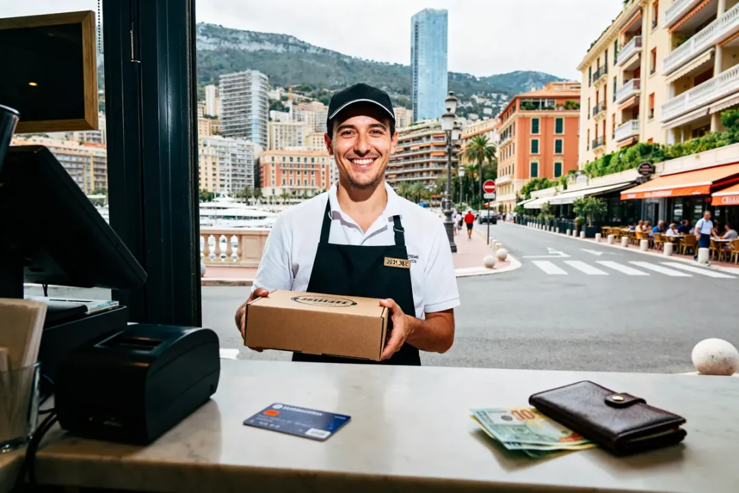 Employé souriant dans un café à Monaco avec le smic à Monaco en main