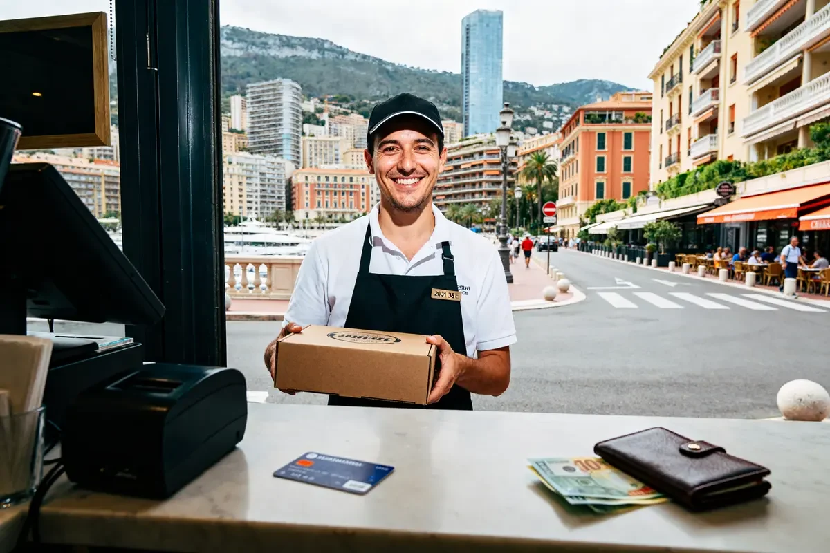 Employé souriant dans un café à Monaco avec le smic à Monaco en main