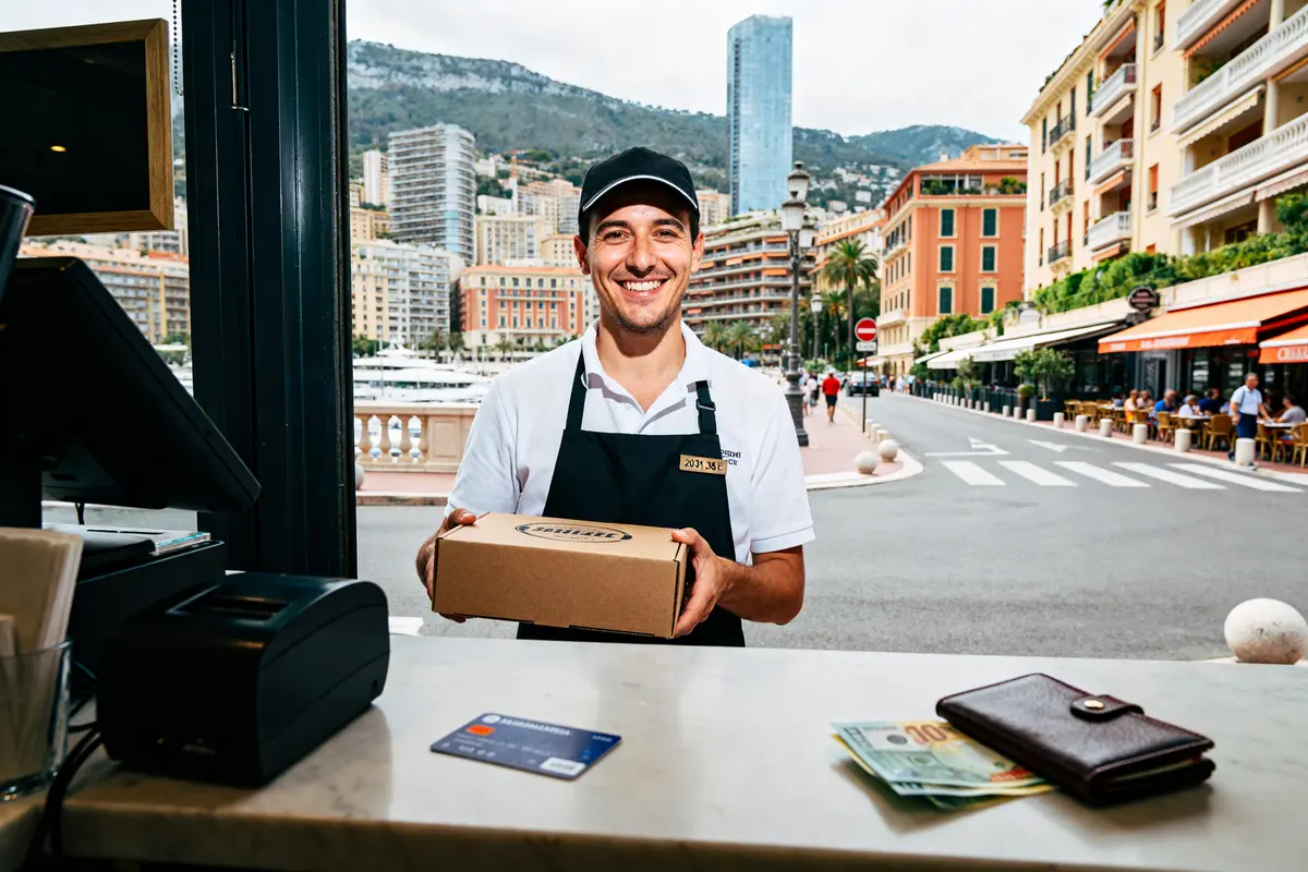 Employé souriant dans un café à Monaco avec le smic à Monaco en main