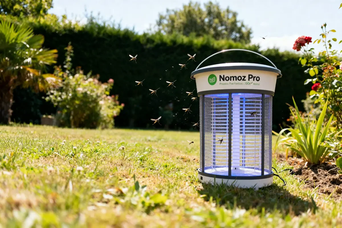 Lampe anti-moustique Nomoz Pro dans un jardin attirant des insectes pour protection optimale