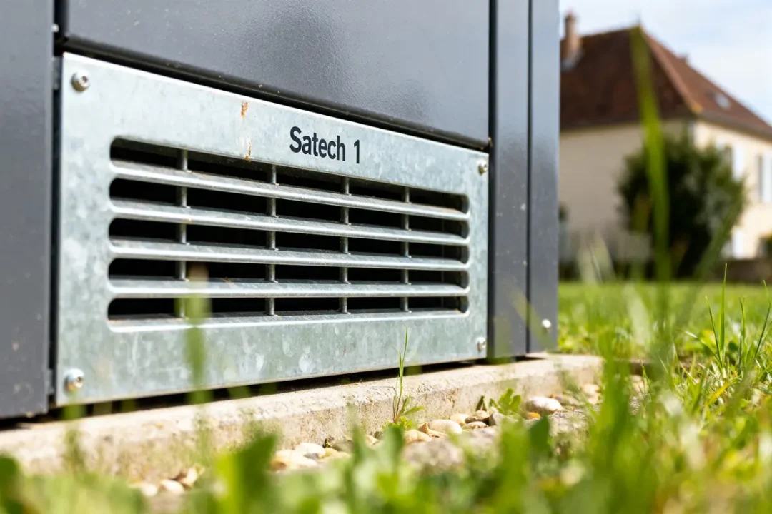 Grille métallique extérieure sur équipement marqué Satech 1 entouré de végétation
