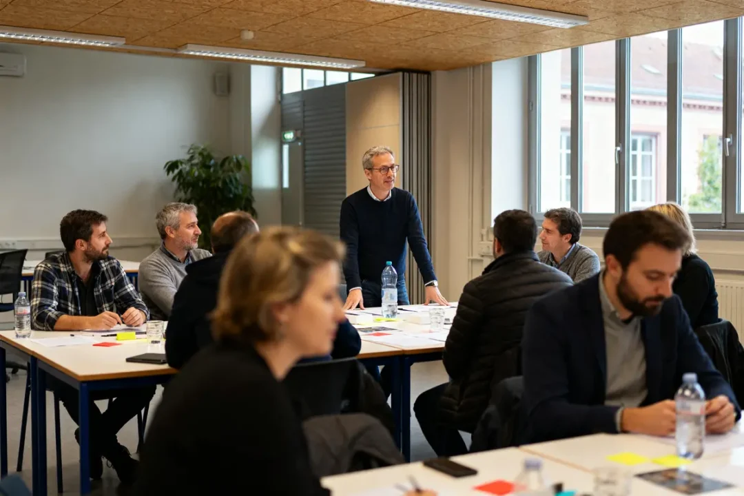 Participants discutant lors d'un atelier Tuba Mulhouse autour de tables avec documents et bouteilles d'eau