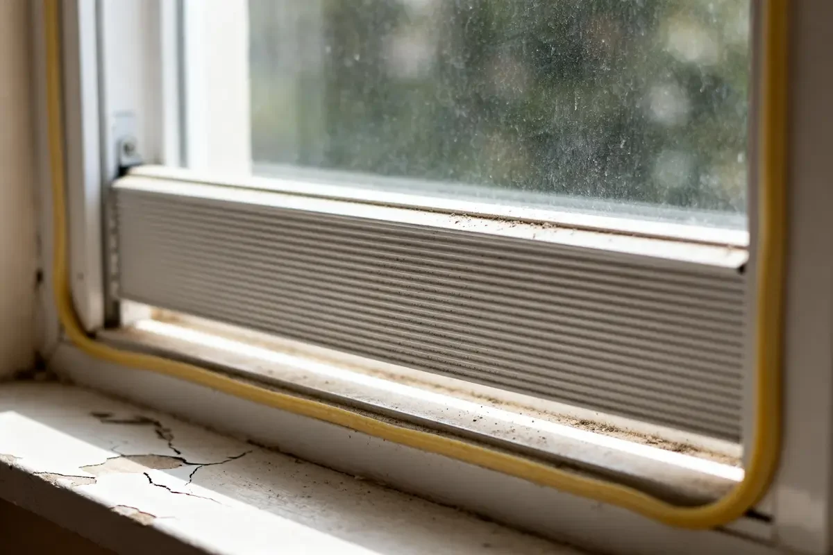 Close-up sur ventilation de fenêtre PVC avec poussière et peinture écaillée sur le rebord