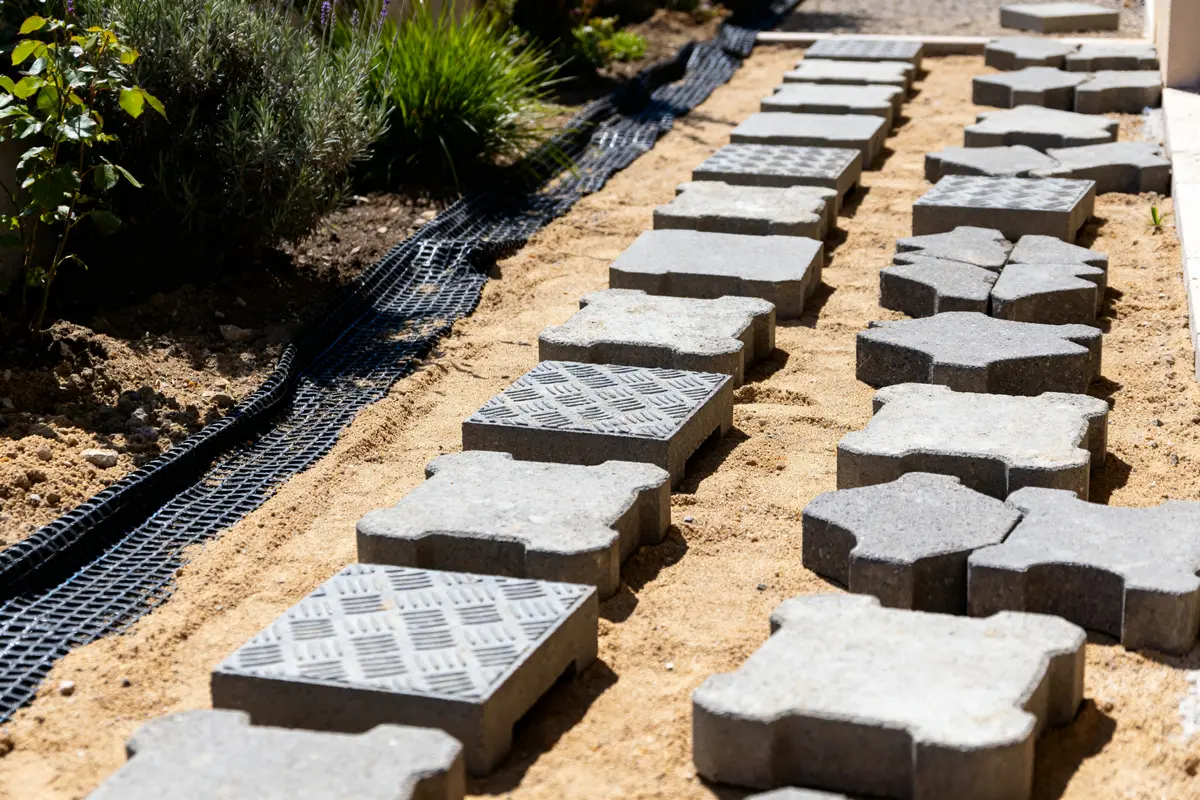 Autobloquant pave posés sur sable pour allée jardin avec bordures végétales.