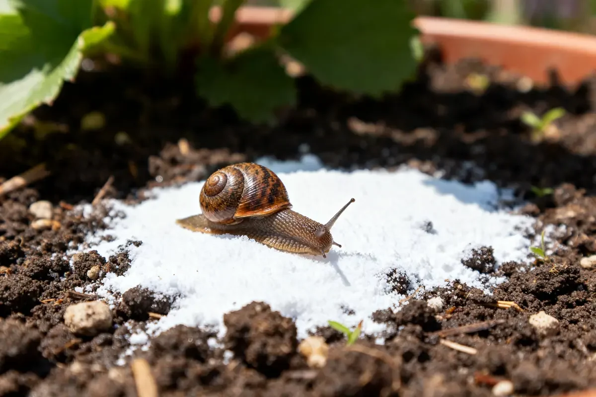 Escargot sur sol saupoudré de bicarbonate anti-limace dans un jardin.