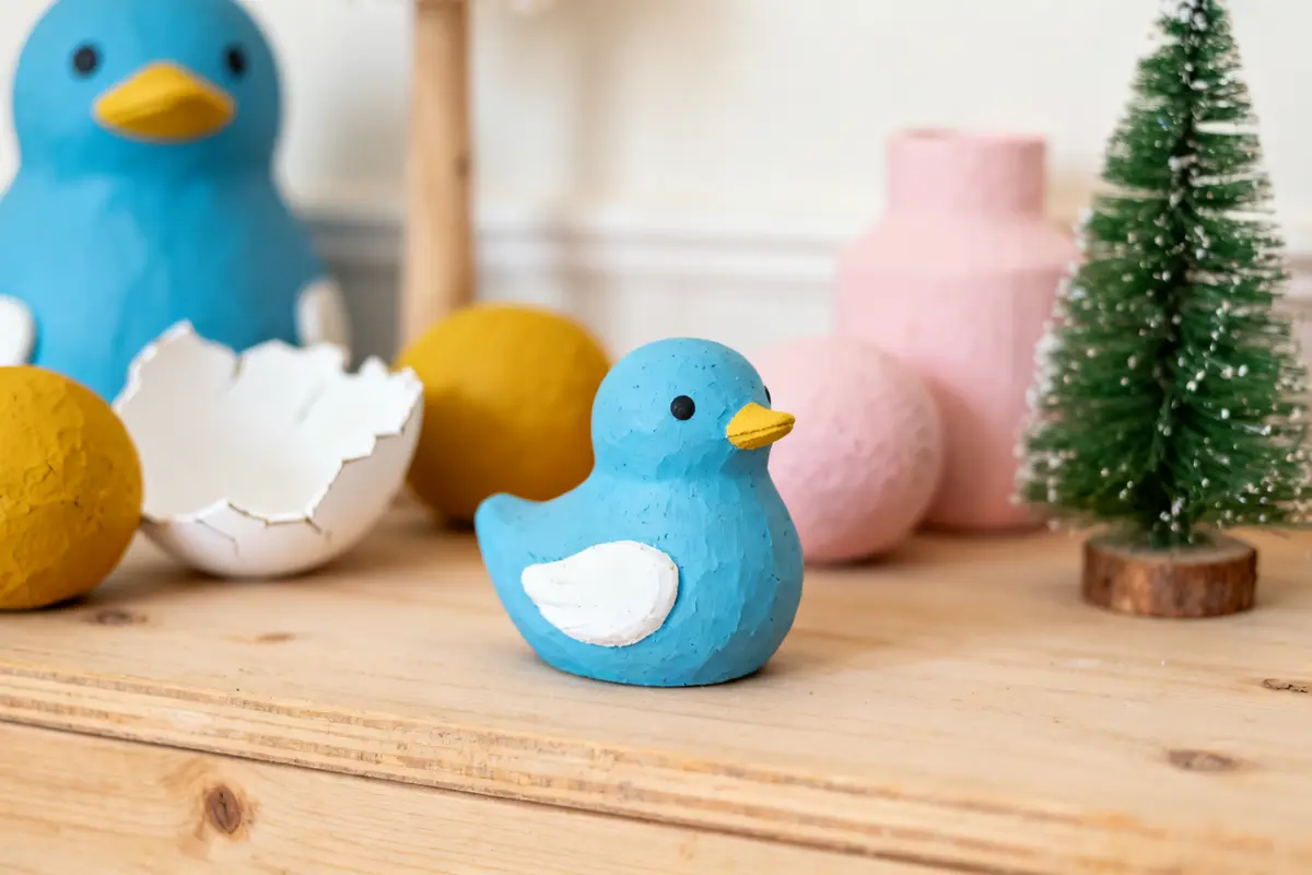Figurine canard bleu canard avec œuf cassé et décoration sur une table en bois