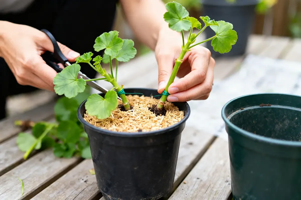 Main bouturant les géraniums dans un pot avec des ciseaux et du terreau