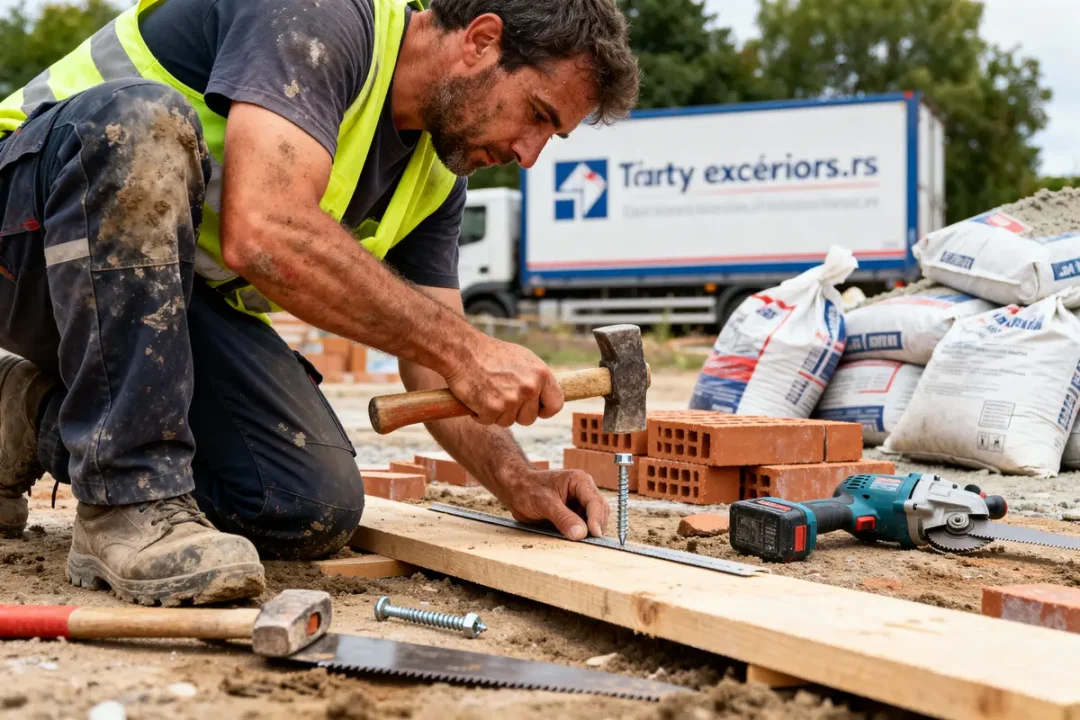 Ouvrier martelant clou sur chantier, outils visibles, chantieraccess.fr avis inclus dans contexte travail