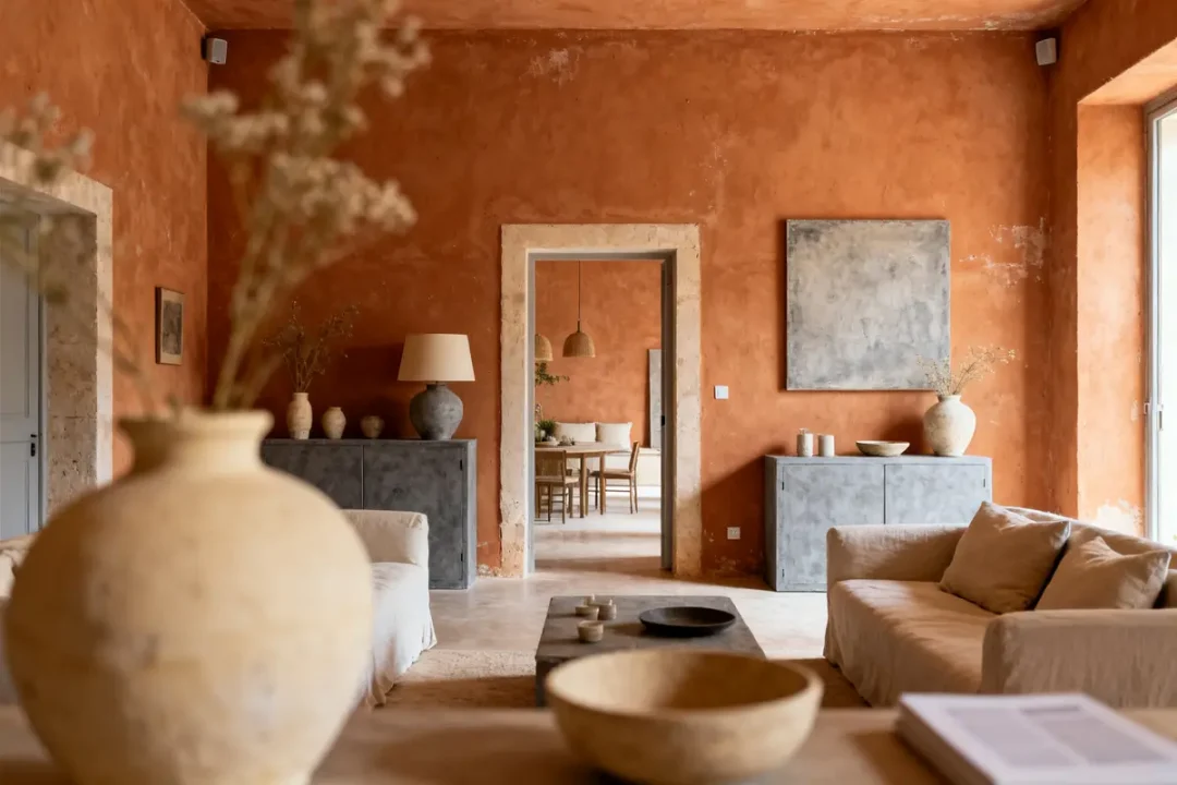Salle de séjour élégante avec murs couleur terracotta et décoration minimaliste en vases et tableaux