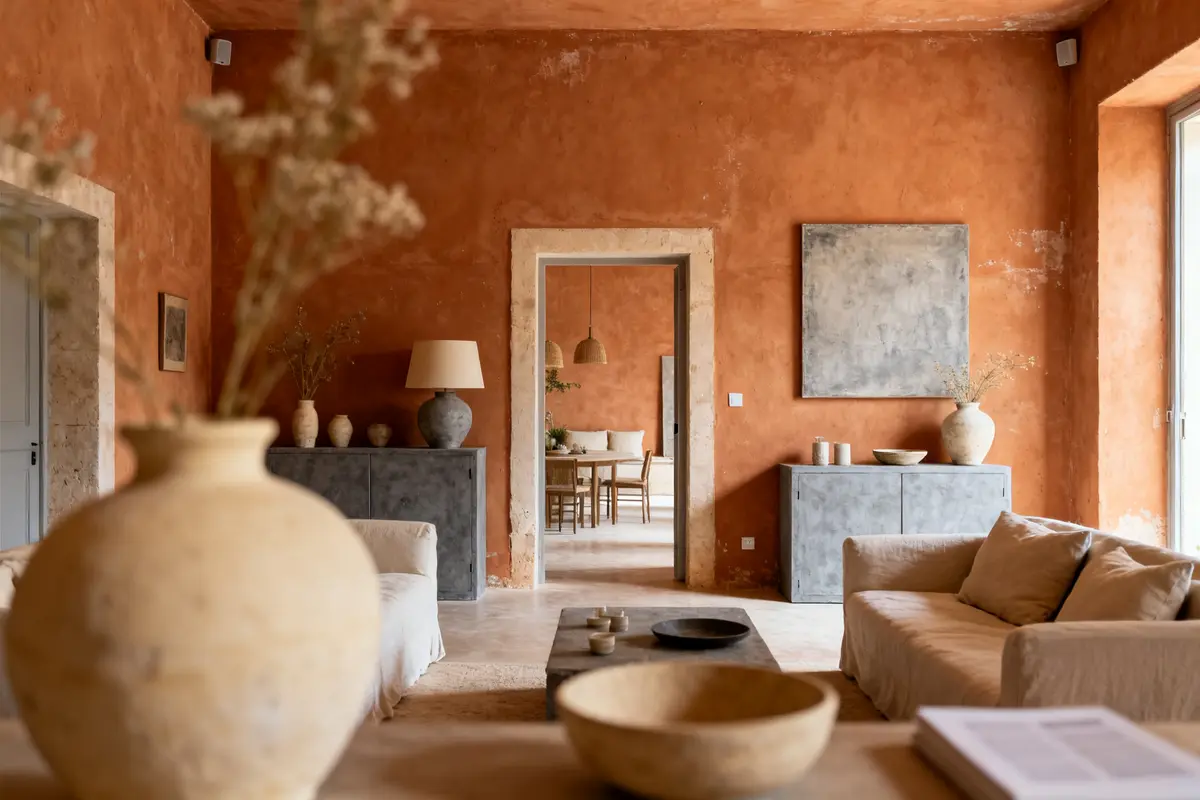 Salle de séjour élégante avec murs couleur terracotta et décoration minimaliste en vases et tableaux
