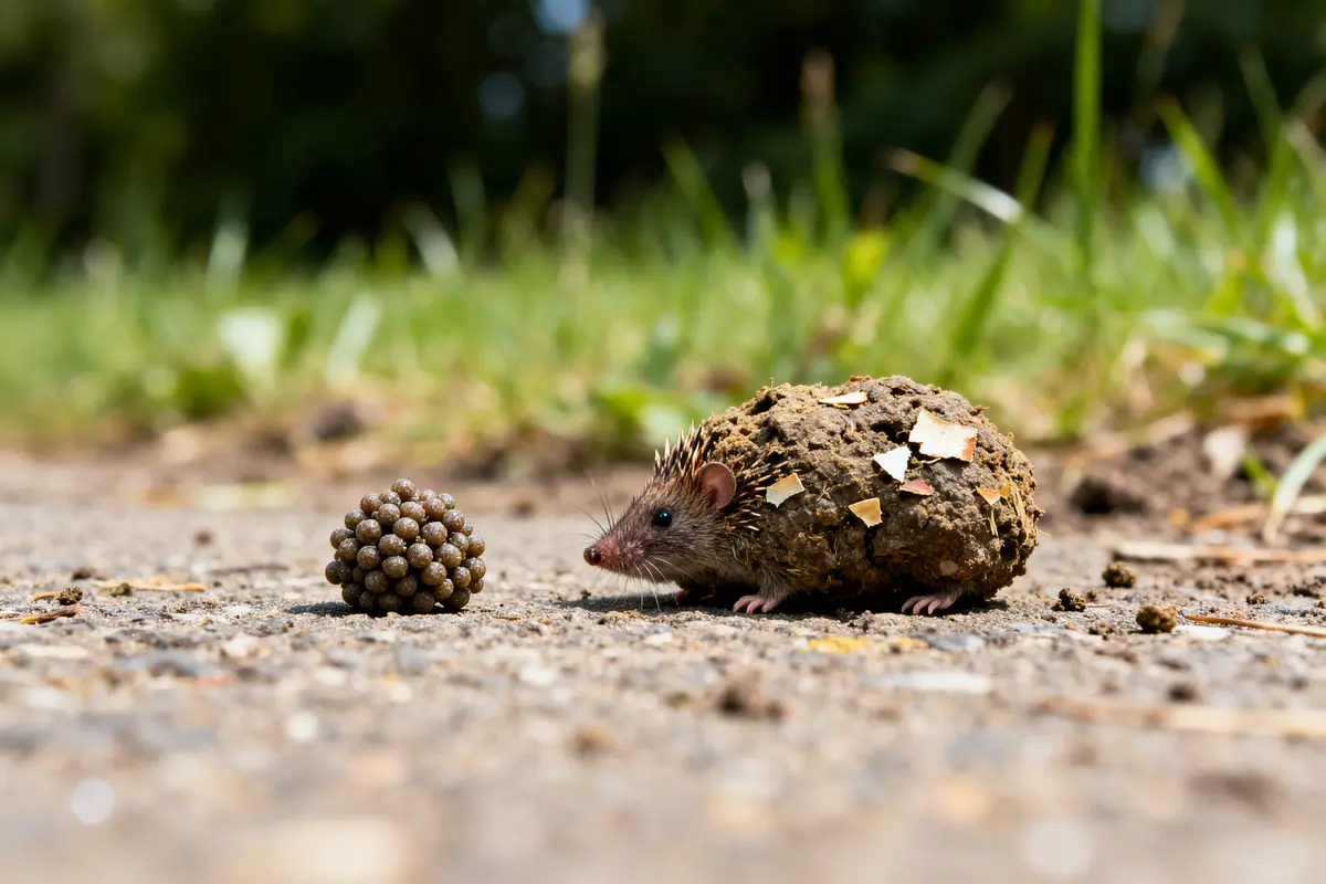 Hérisson sur chemin terreux avec crottes de hérisson en boule à proximité gazon en arrière-plan