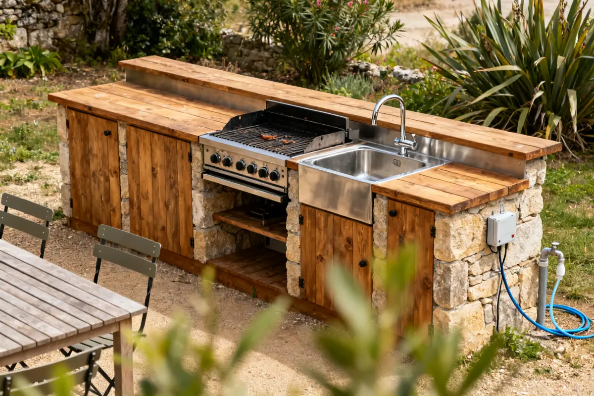 Cuisine extérieure rustique en bois avec évier, grill et espace repas dans un jardin verdoyant