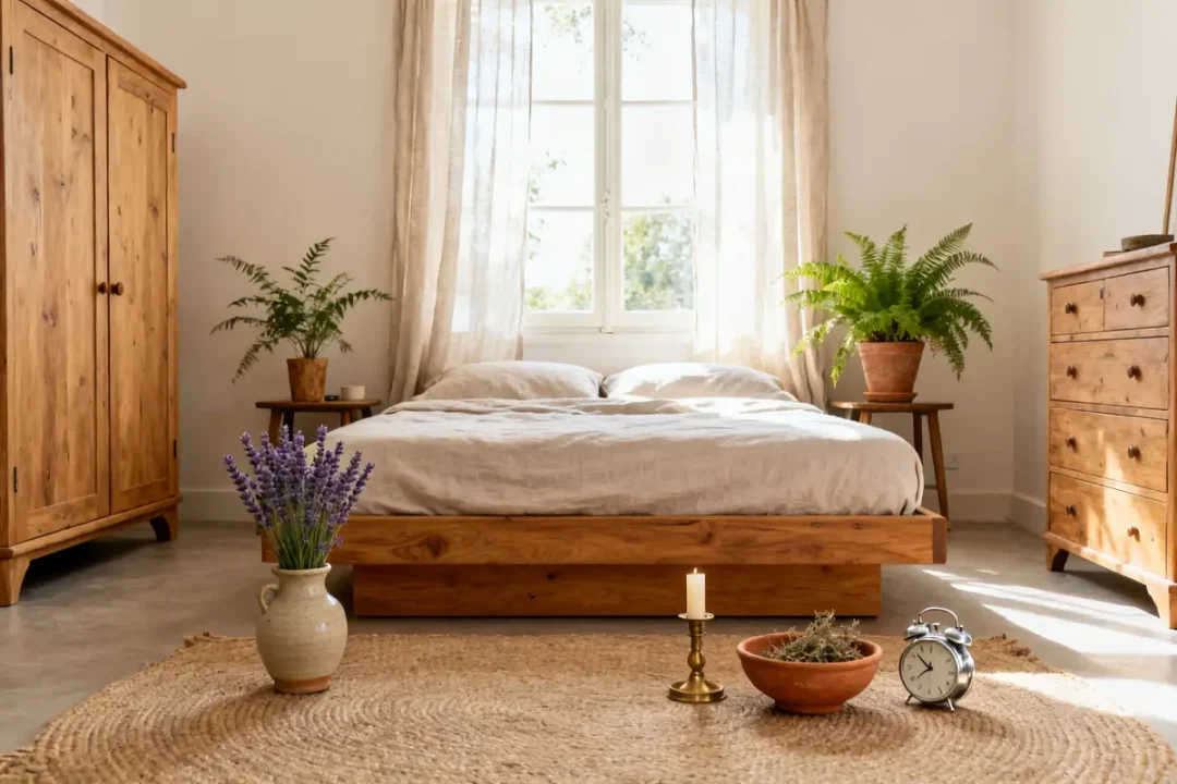 Chambre lumineuse en bois avec plantes et décoration feng shui accueillante et apaisante