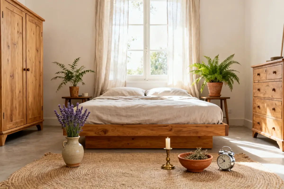 Chambre lumineuse en bois avec plantes et décoration feng shui accueillante et apaisante