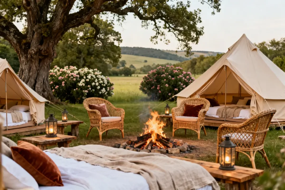 Tentes de glamping avec lits et feu de camp dans un cadre naturel paisible