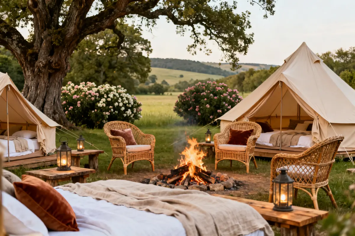 Tentes de glamping avec lits et feu de camp dans un cadre naturel paisible