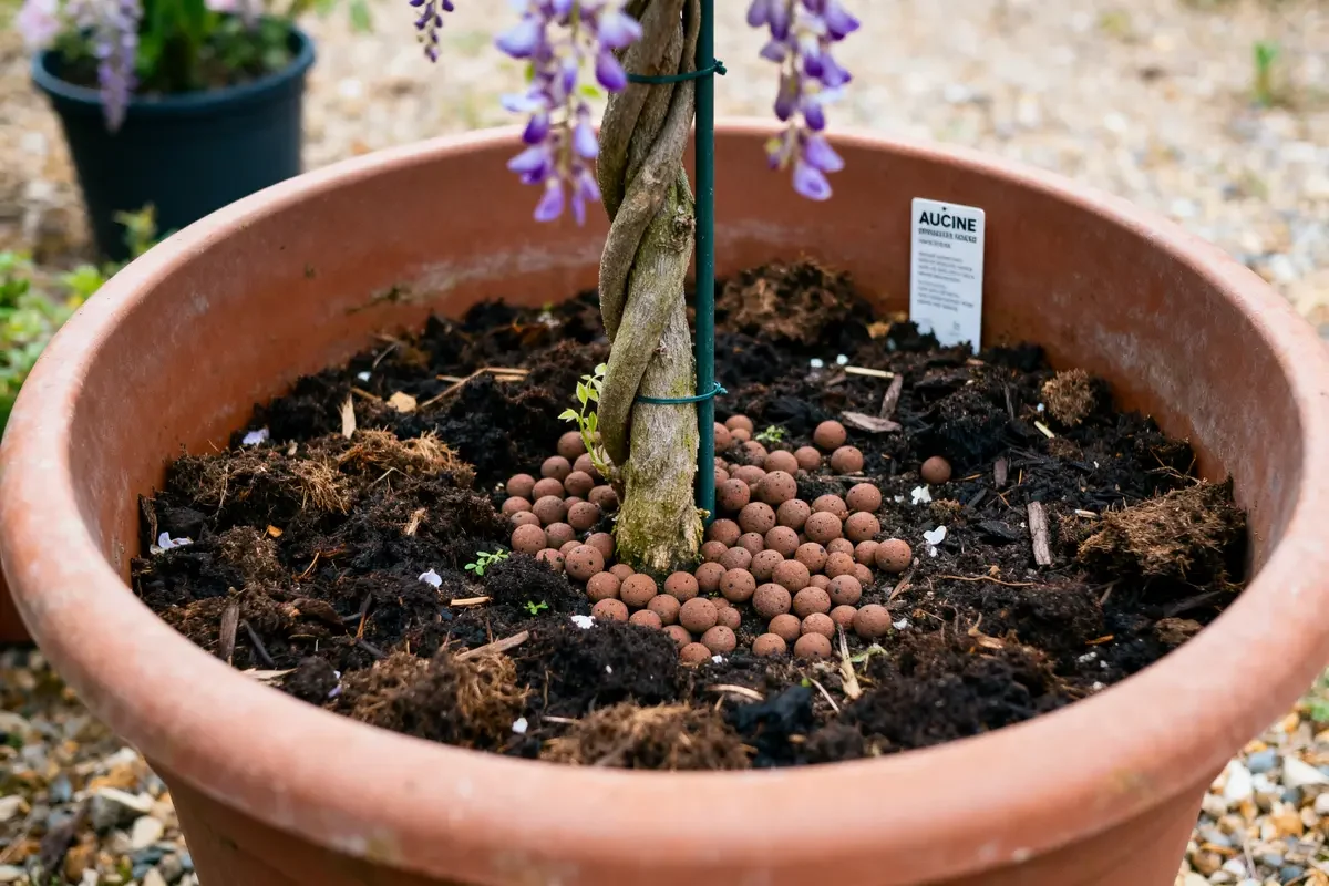 Glycine en pot avec substrat argileux et tuteur dans un grand contenant brun
